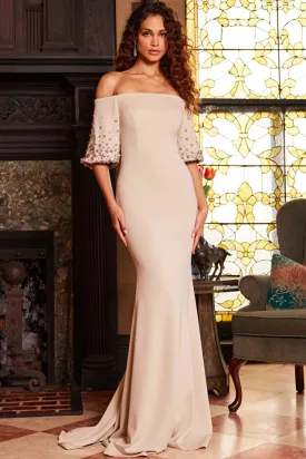 Beaded Puff Sleeve Off the Shoulder Gown