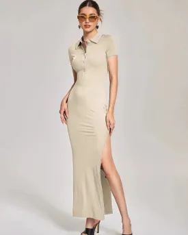 BEIGE MAXI DRESS WITH SLIT