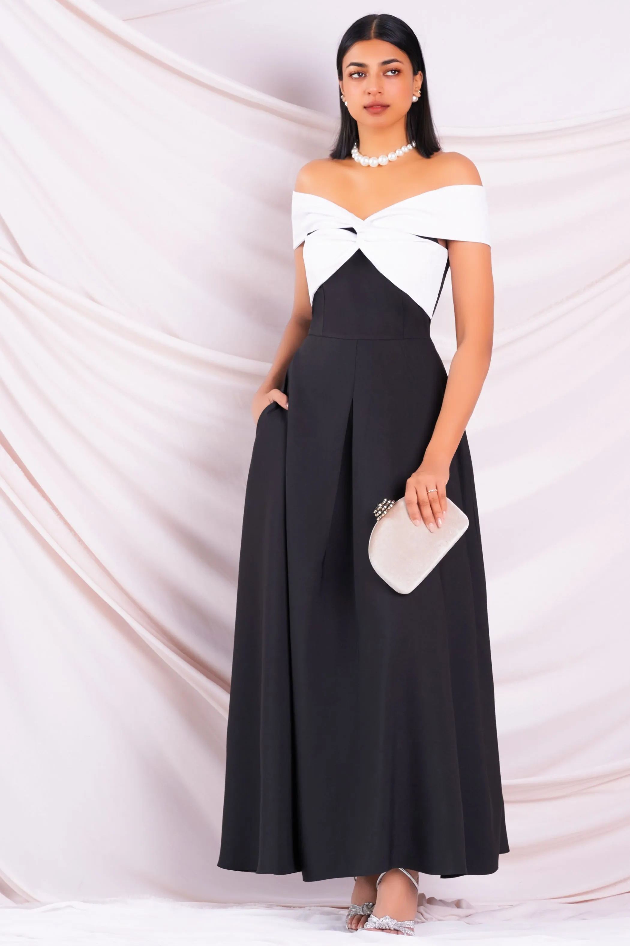 Black & White Off Shoulder Maxi Dress