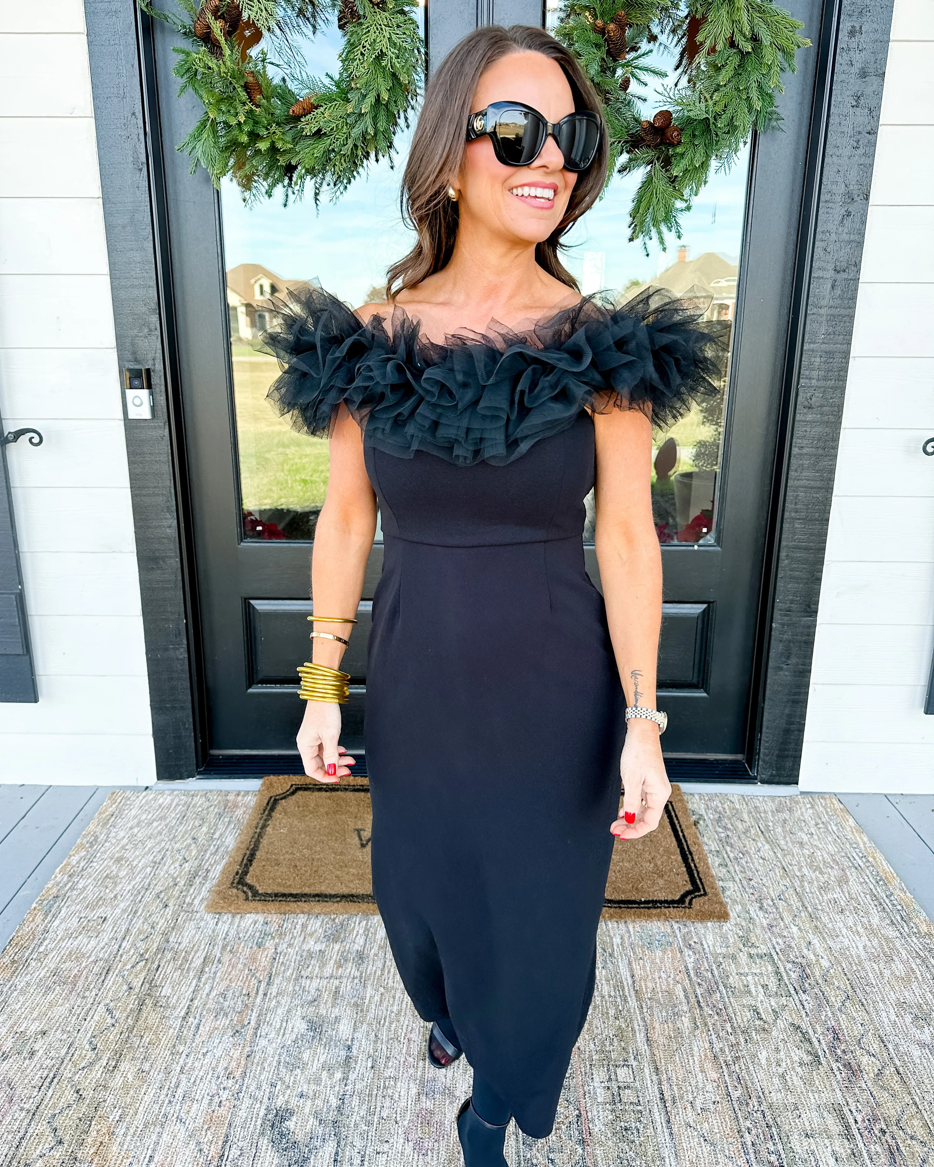 Black Off-The-Shoulder Midi Dress