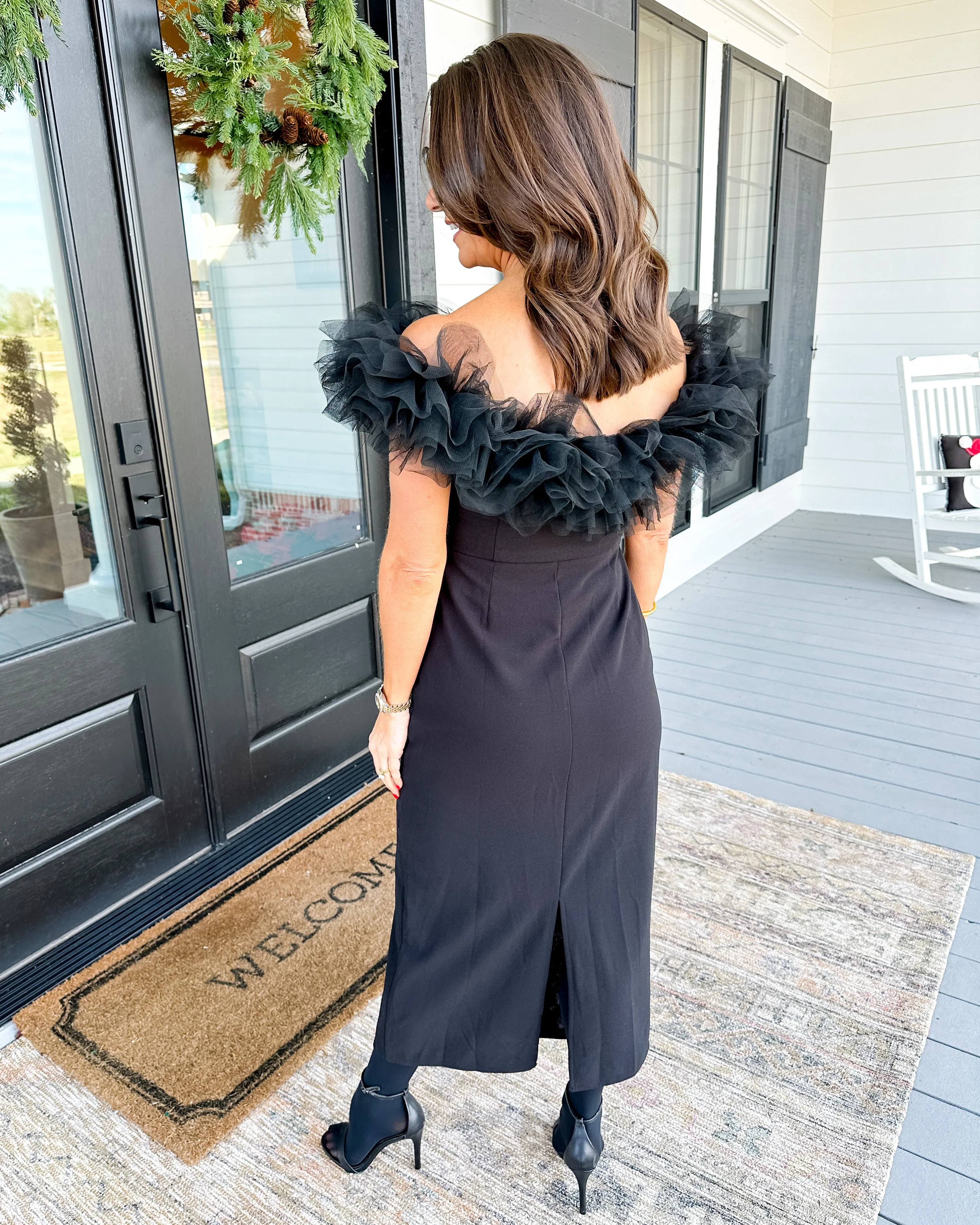 Black Off-The-Shoulder Midi Dress