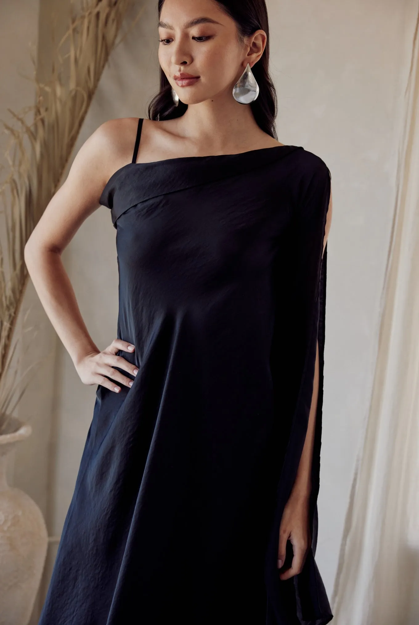 Black One Shoulder Draped Dress