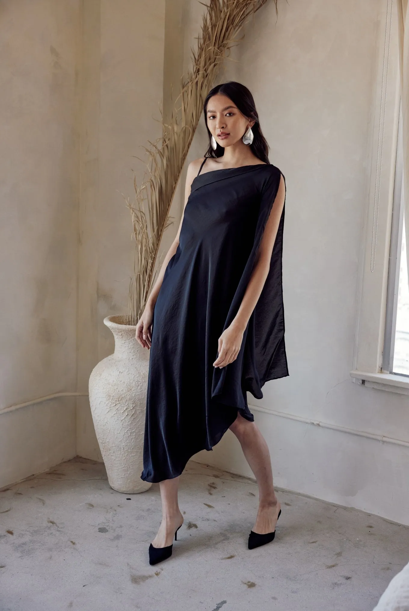 Black One Shoulder Draped Dress