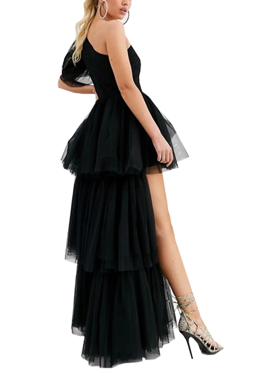 Black Volume Tulle One Shoulder Gown