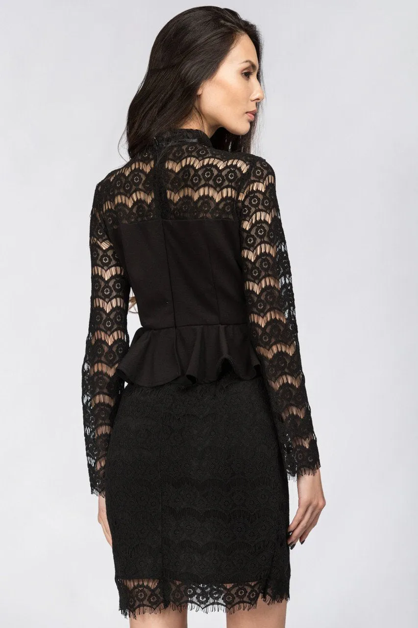 Black Yoke Lace Peplum Mini Dress