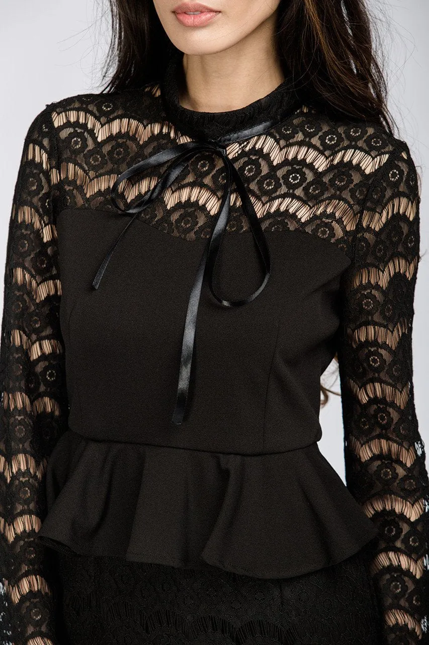 Black Yoke Lace Peplum Mini Dress