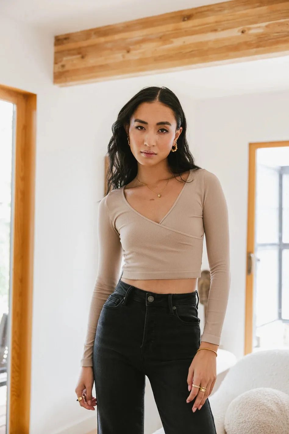 Blair Surplice Crop Top in Mocha - FINAL SALE