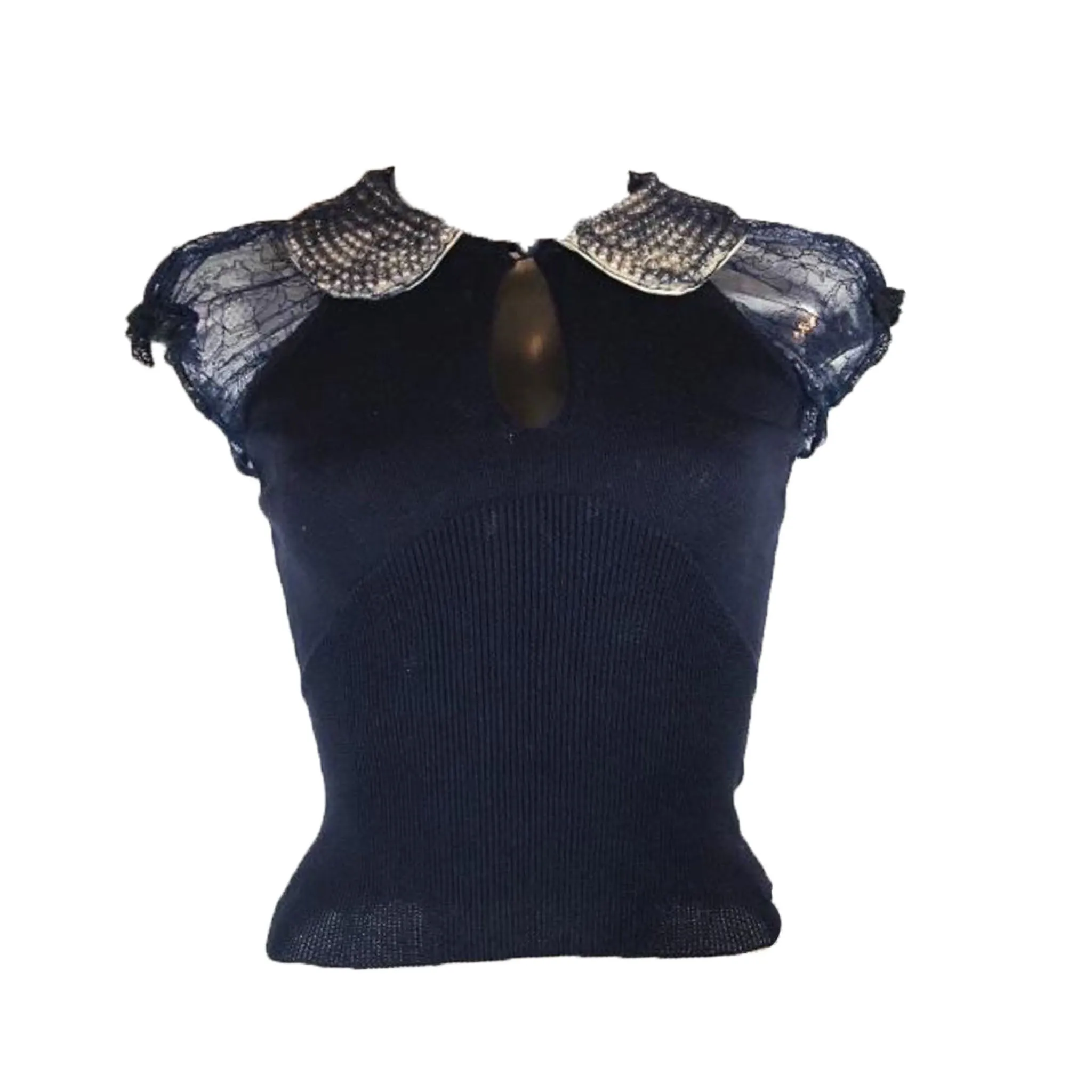 BLUMARINE Navy Cotton Knit w/ Lace & Pearl Collar Top Size 38