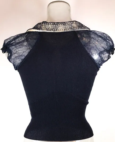 BLUMARINE Navy Cotton Knit w/ Lace & Pearl Collar Top Size 38