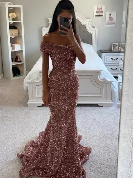 Brown Sheath One Shoulder Sleeveless Long Sweep Train Velvet Sequin Prom Dress (AF1101)