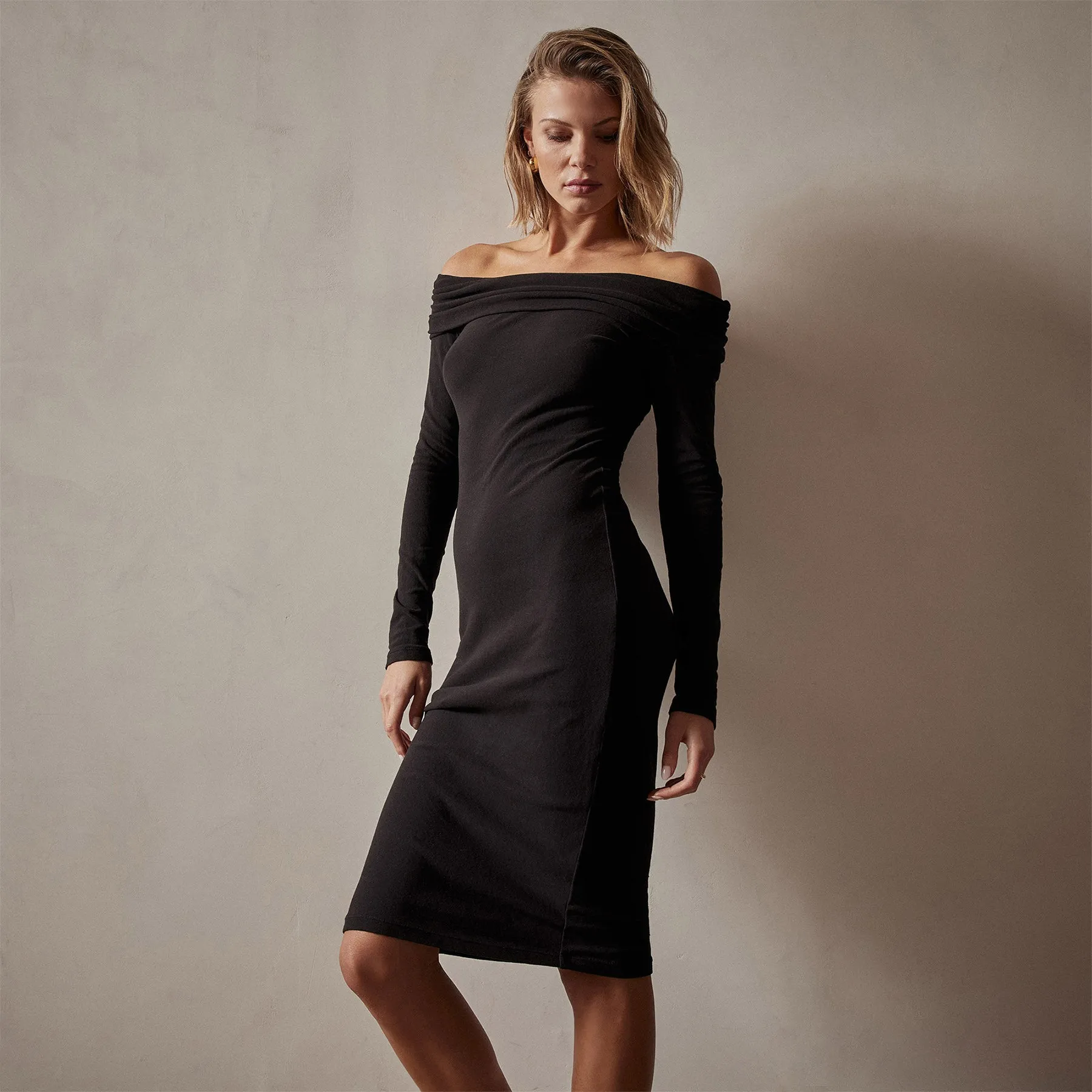 Brushed Jersey Off The Shoulder Dress - Black