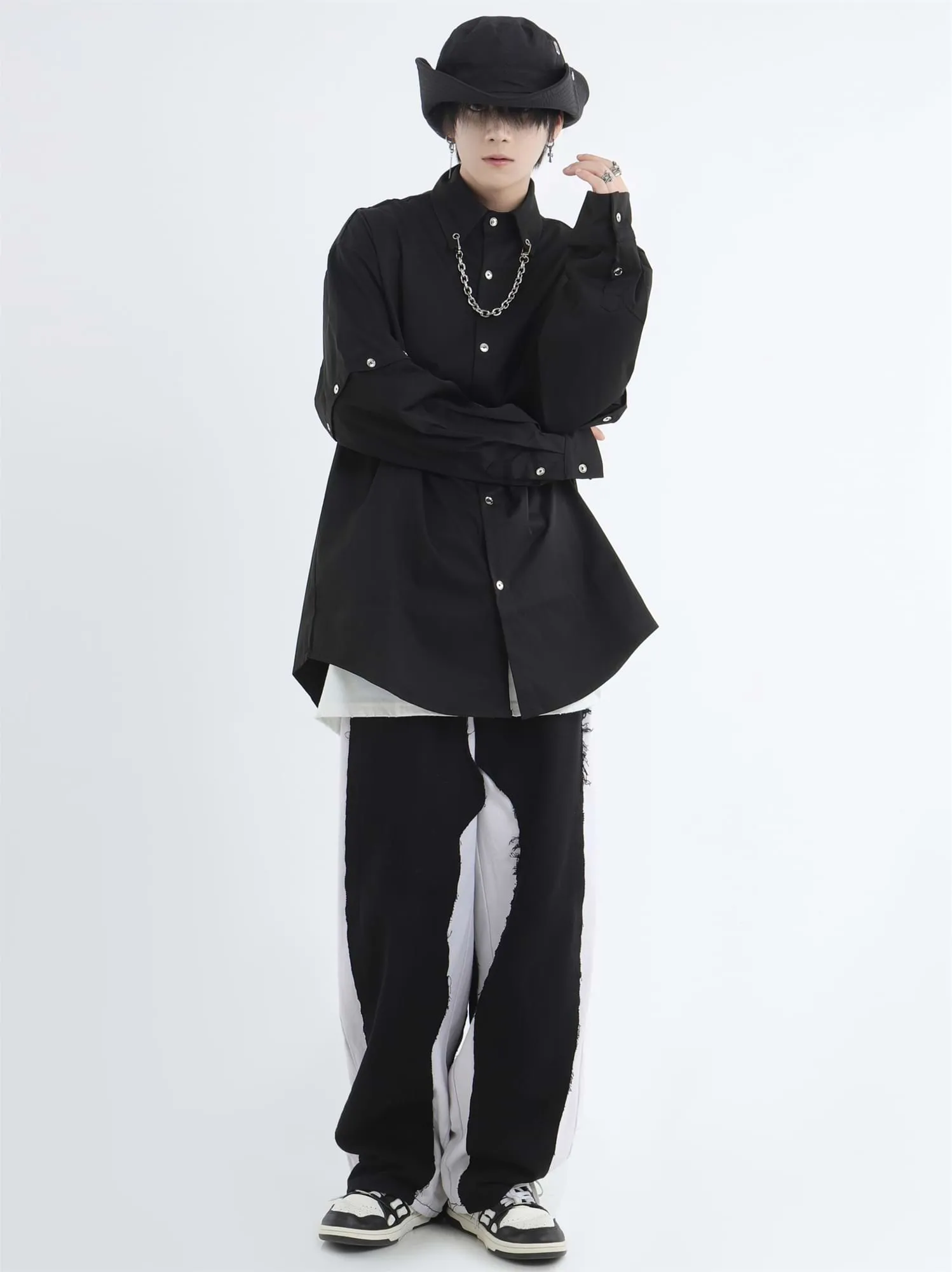 Button Shirt with Detachable Sleeves and Chain Accessory