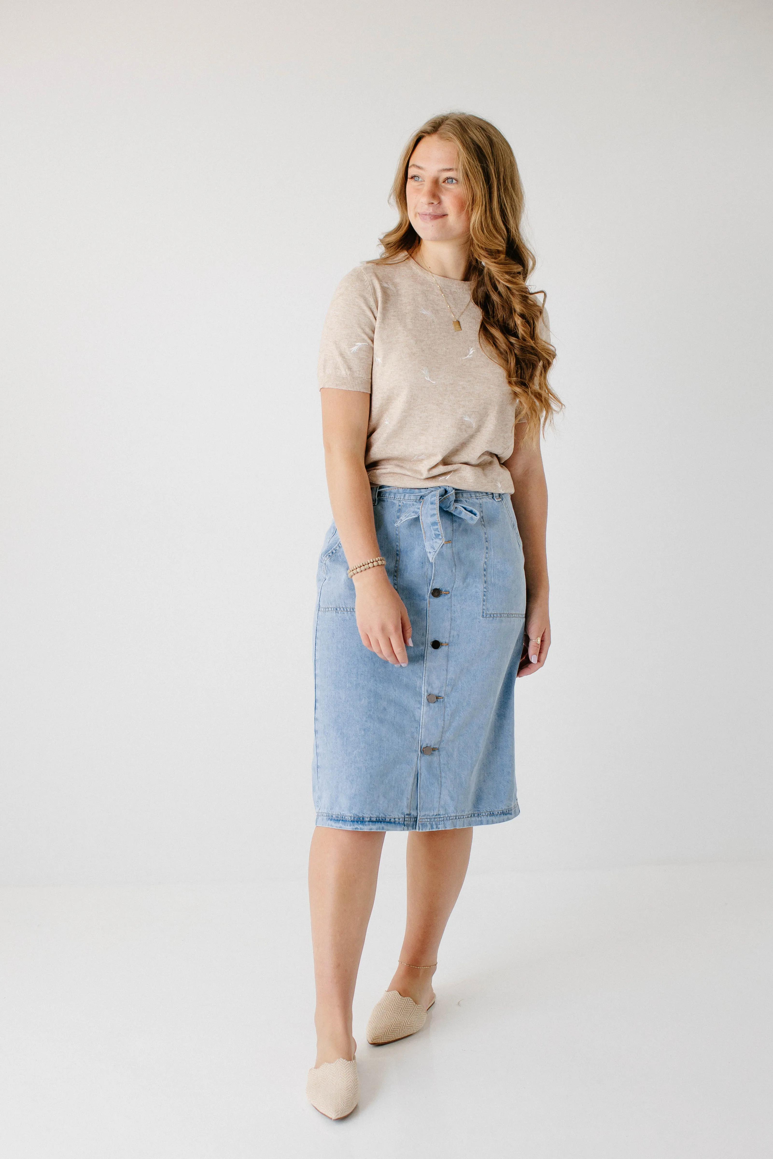 'Cassidy' Button Down Tie Waist Denim Skirt in Light Wash