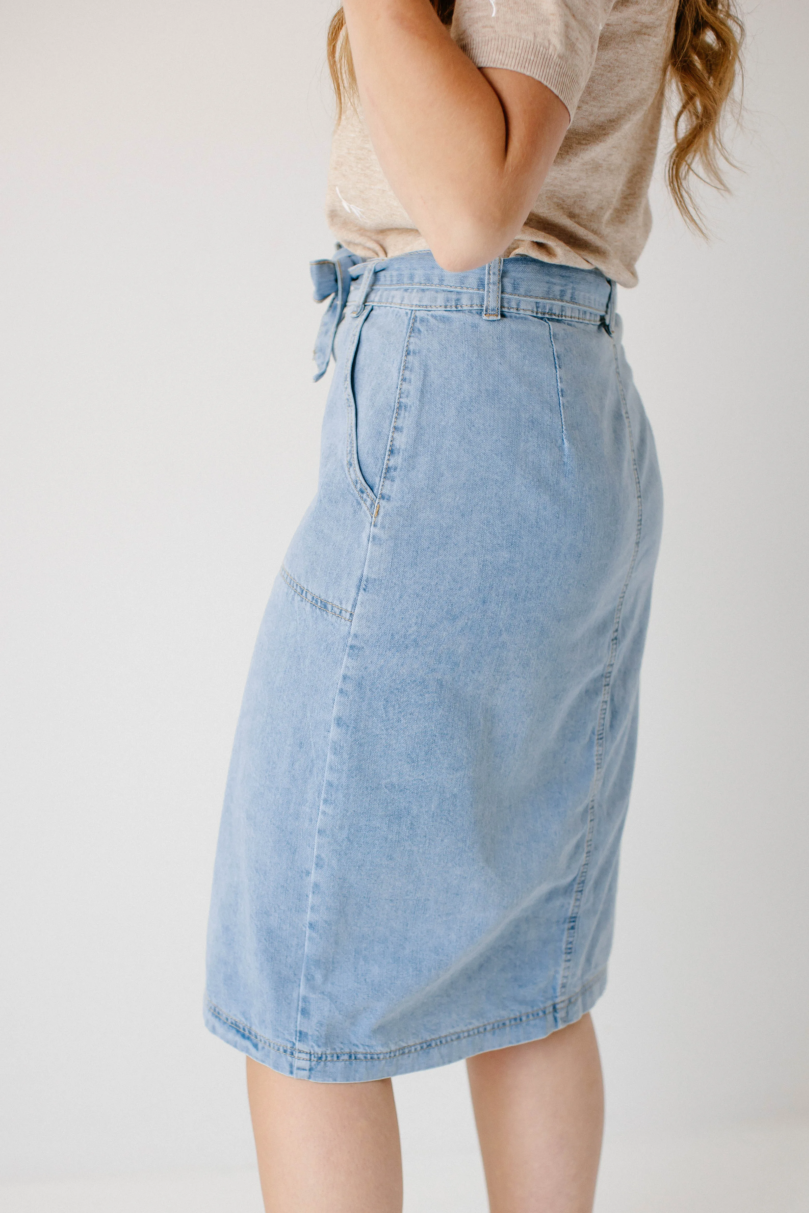 'Cassidy' Button Down Tie Waist Denim Skirt in Light Wash