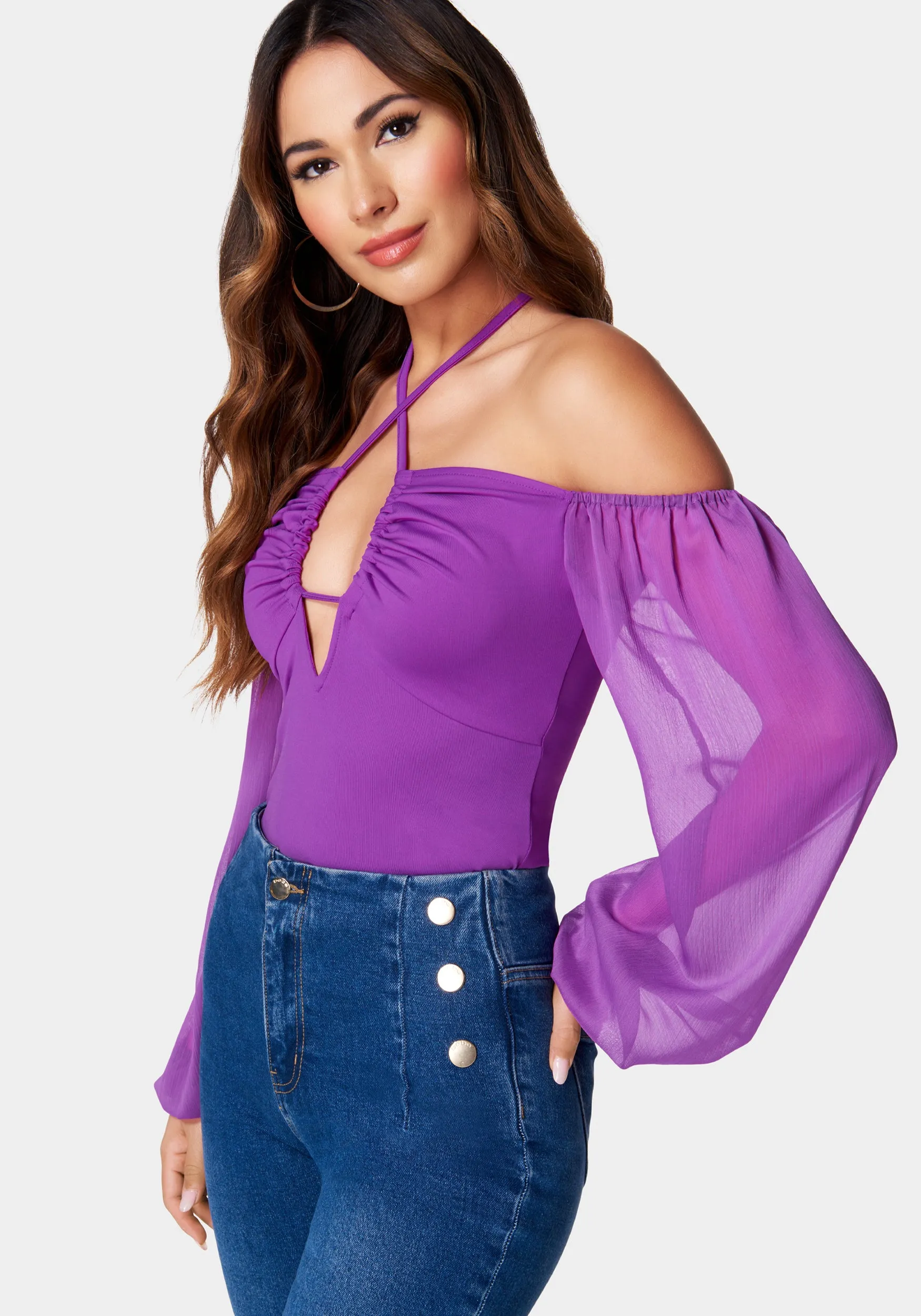 Chiffon Sleeve Cold Shoulder Tie Neck Knit Top