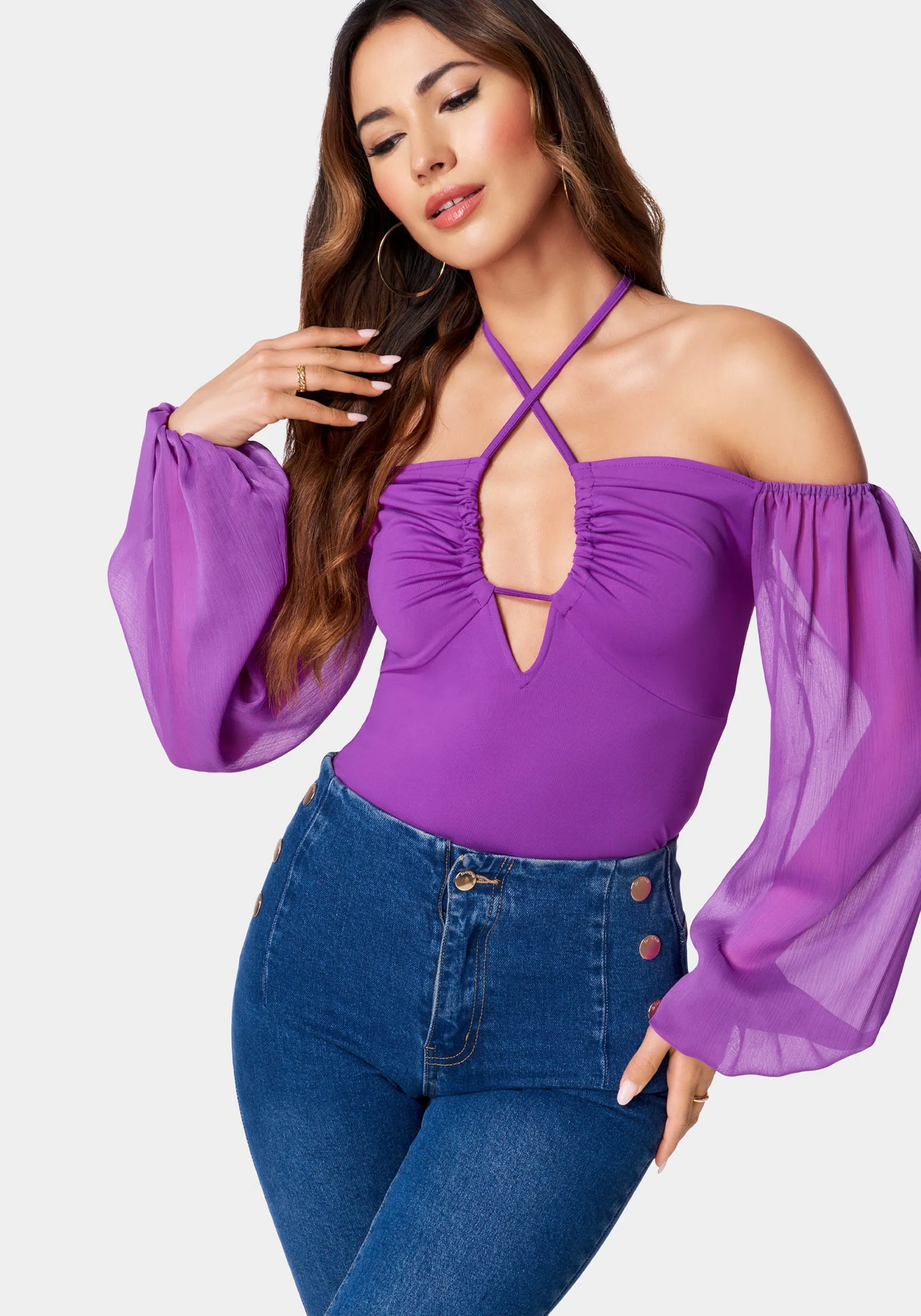 Chiffon Sleeve Cold Shoulder Tie Neck Knit Top