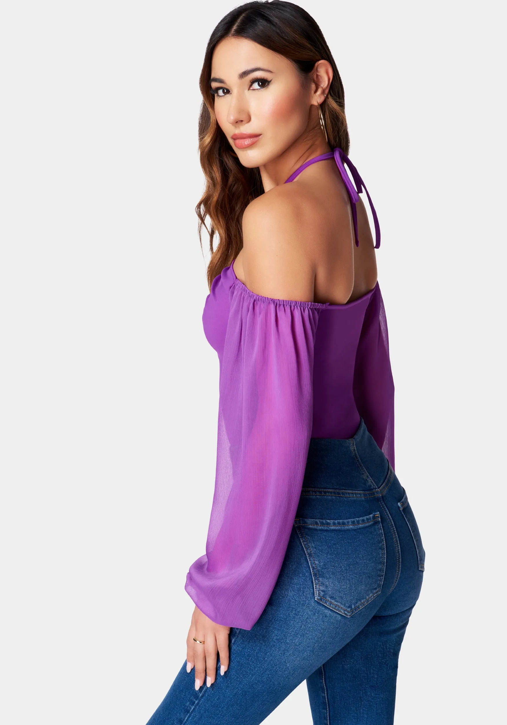 Chiffon Sleeve Cold Shoulder Tie Neck Knit Top