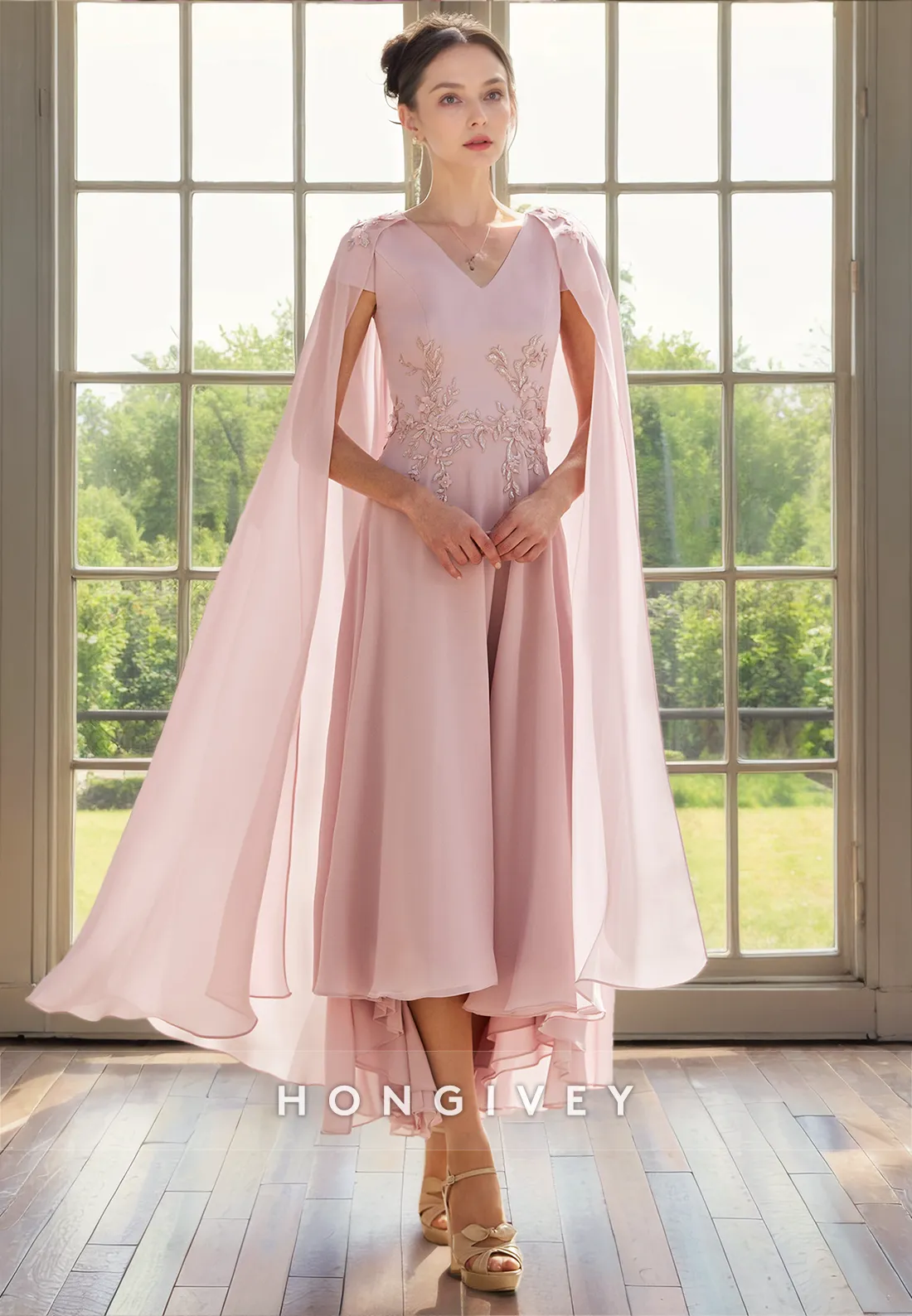 Chiffon V-Neck A-Line With Bolero Appliques Mother of the Bride Dress