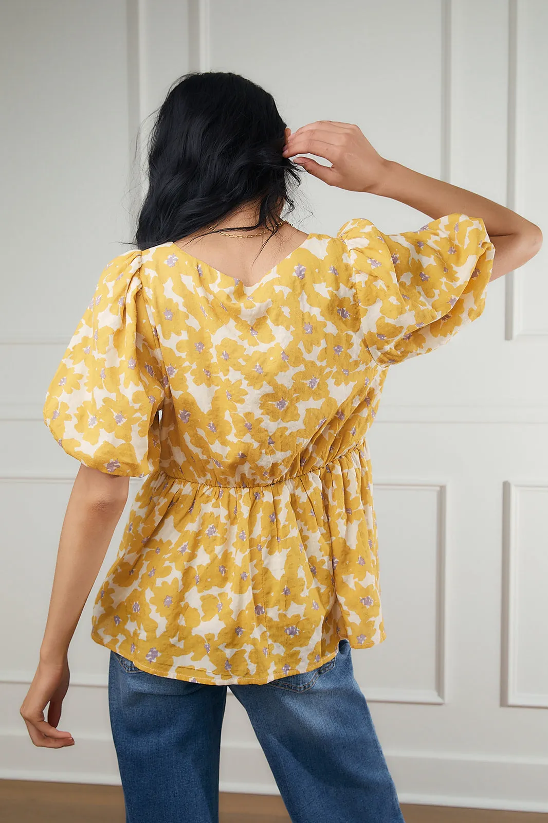 Clara Yellow Floral Bubble Sleeve Top-FINAL SALE