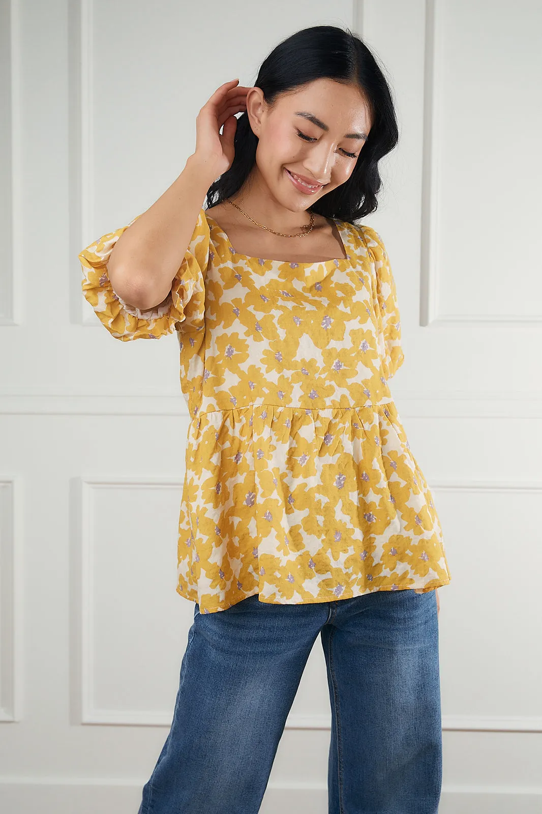 Clara Yellow Floral Bubble Sleeve Top-FINAL SALE