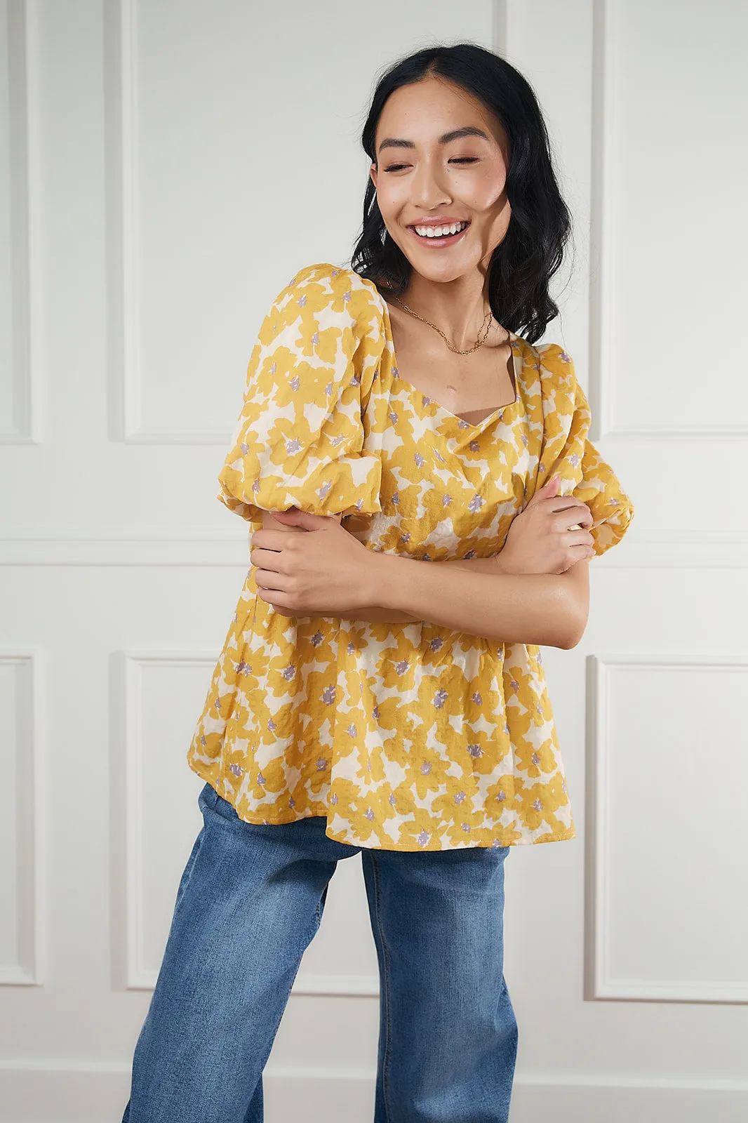 Clara Yellow Floral Bubble Sleeve Top-FINAL SALE