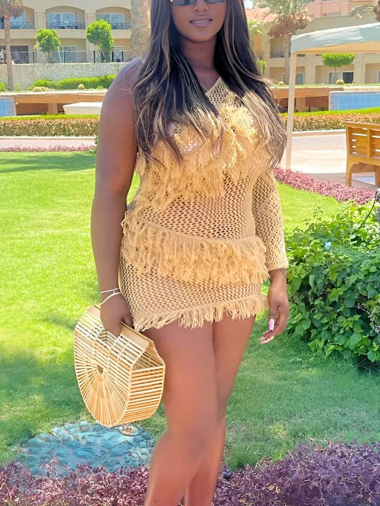 Crochet Fringe One Shoulder Dress