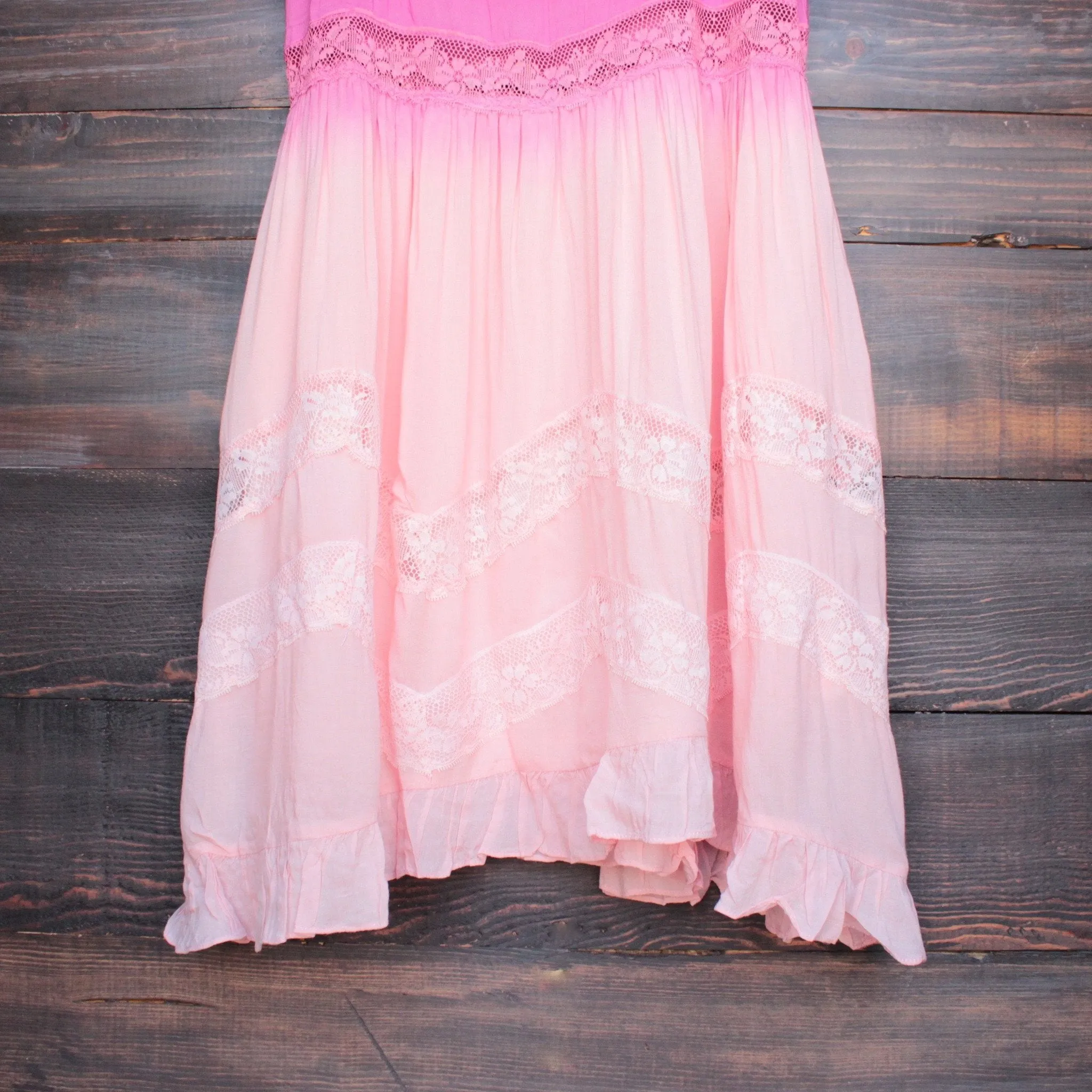 Dip Dye Boho Lace Trim Trapeze Slip Dress in Pink