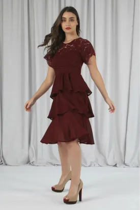 Double Second Burgundy Red Tiered Lace Dress