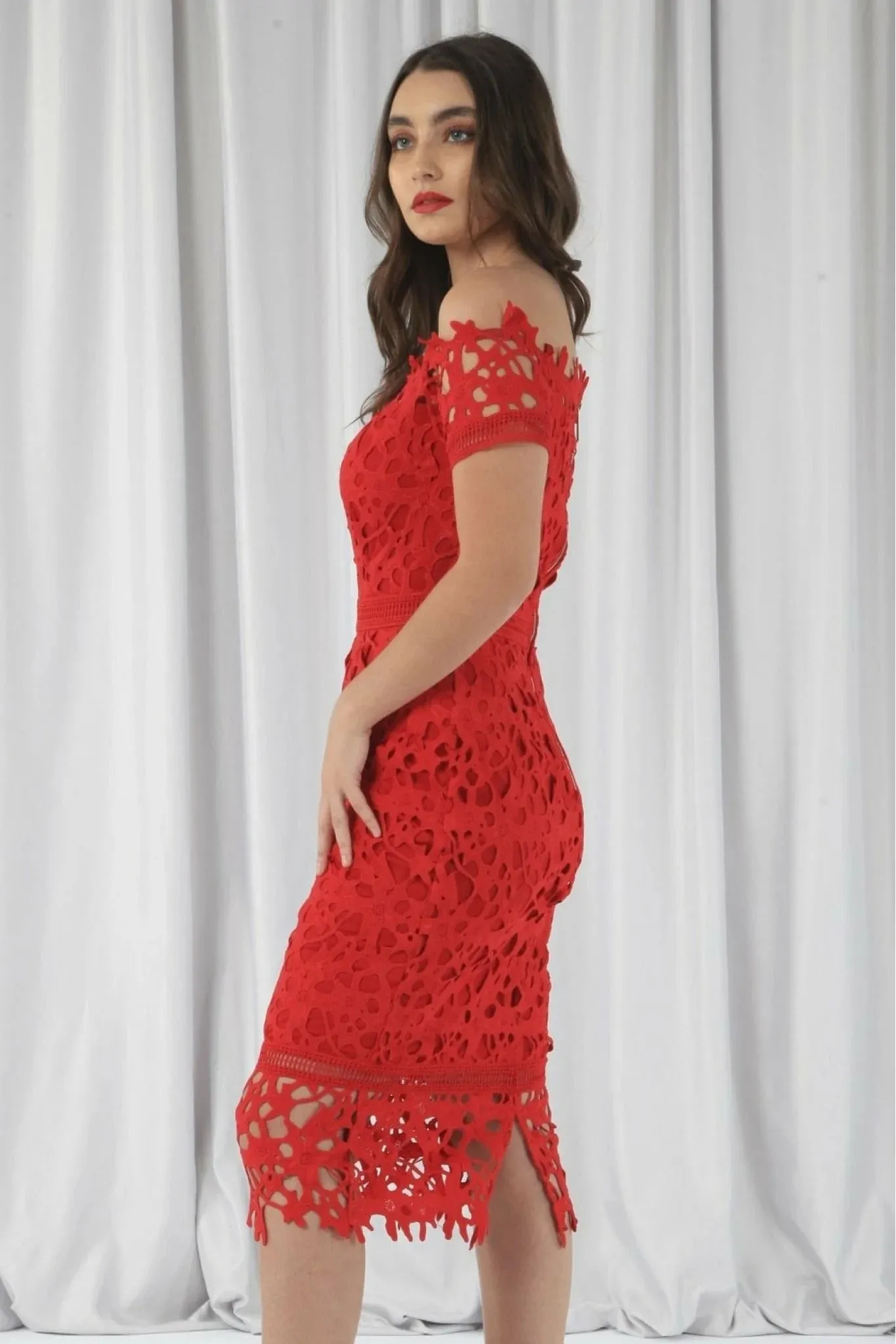 Double Second Red Bardot Lace Dress