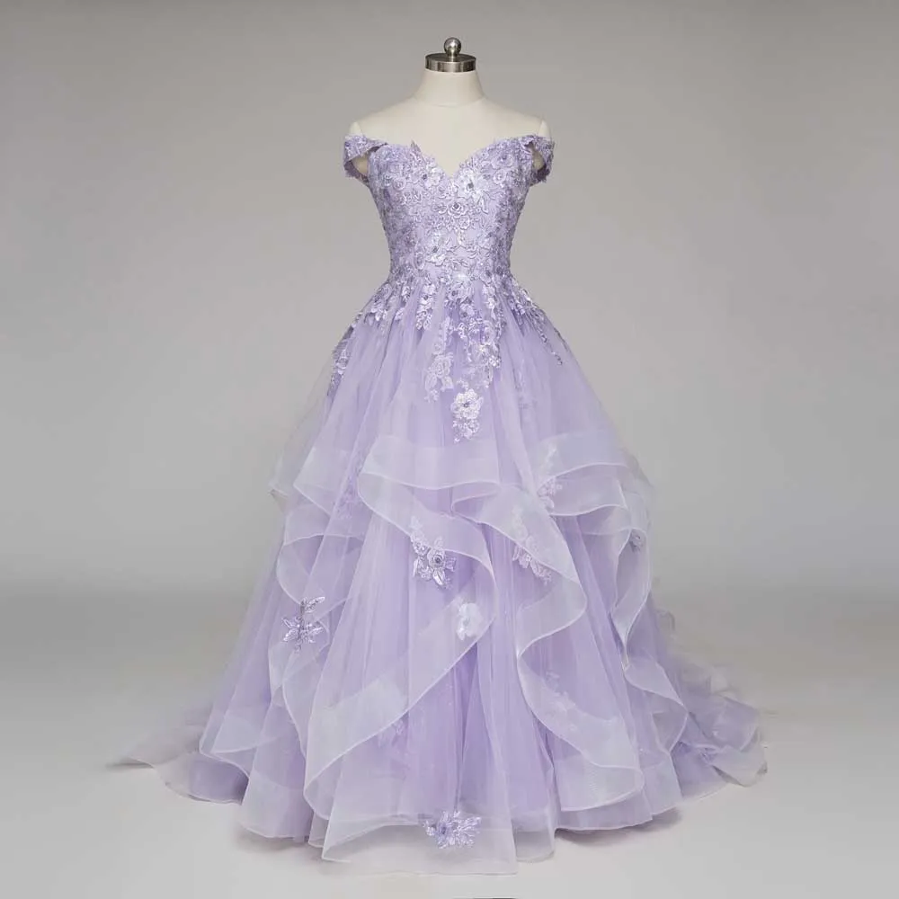 Enchanting Lilac Purple Ball Gown Wedding Dress with Off Shoulder Straps | KARENA