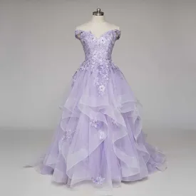 Enchanting Lilac Purple Ball Gown Wedding Dress with Off Shoulder Straps | KARENA