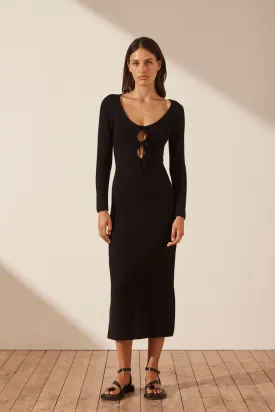 EVE LONG SLEEVE KEYHOLE MIDI DRESS - BLACK