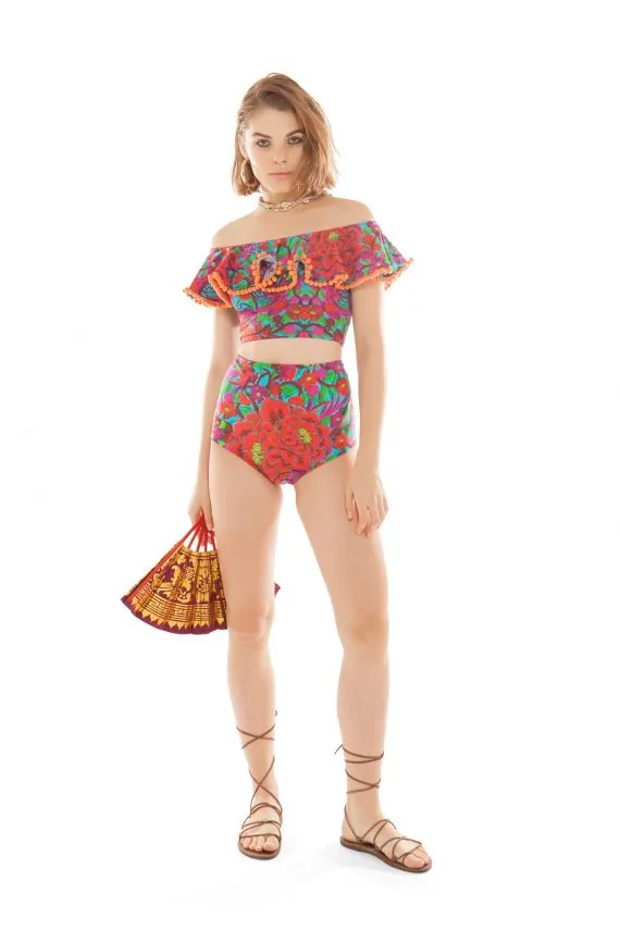 FOLKLORICO OFF SHOULDER POM POM FRILL CROP TOP