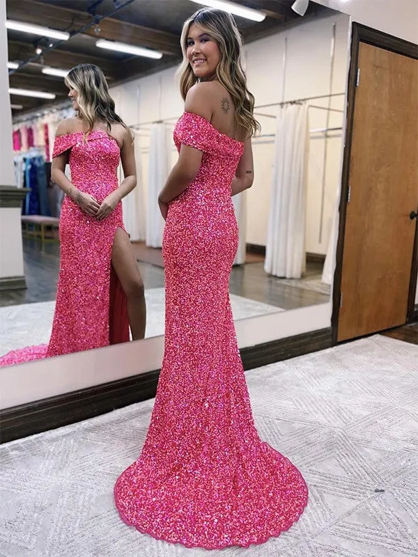 Fuchsia Sheath One Shoulder Sleeveless Long Sweep Train Velvet Sequin Prom Dress (AF1057)