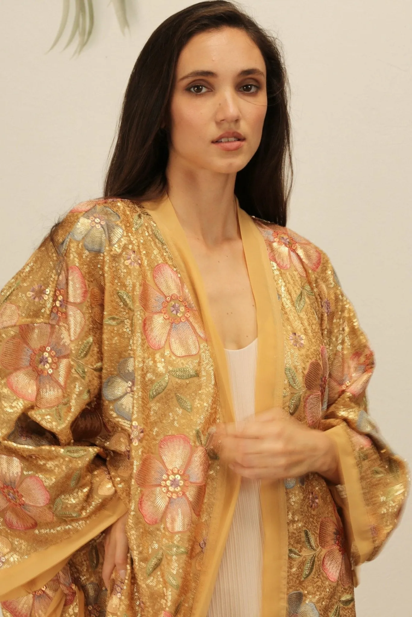 GOLDEN FLOWER CHIFFON SILK KIMONO