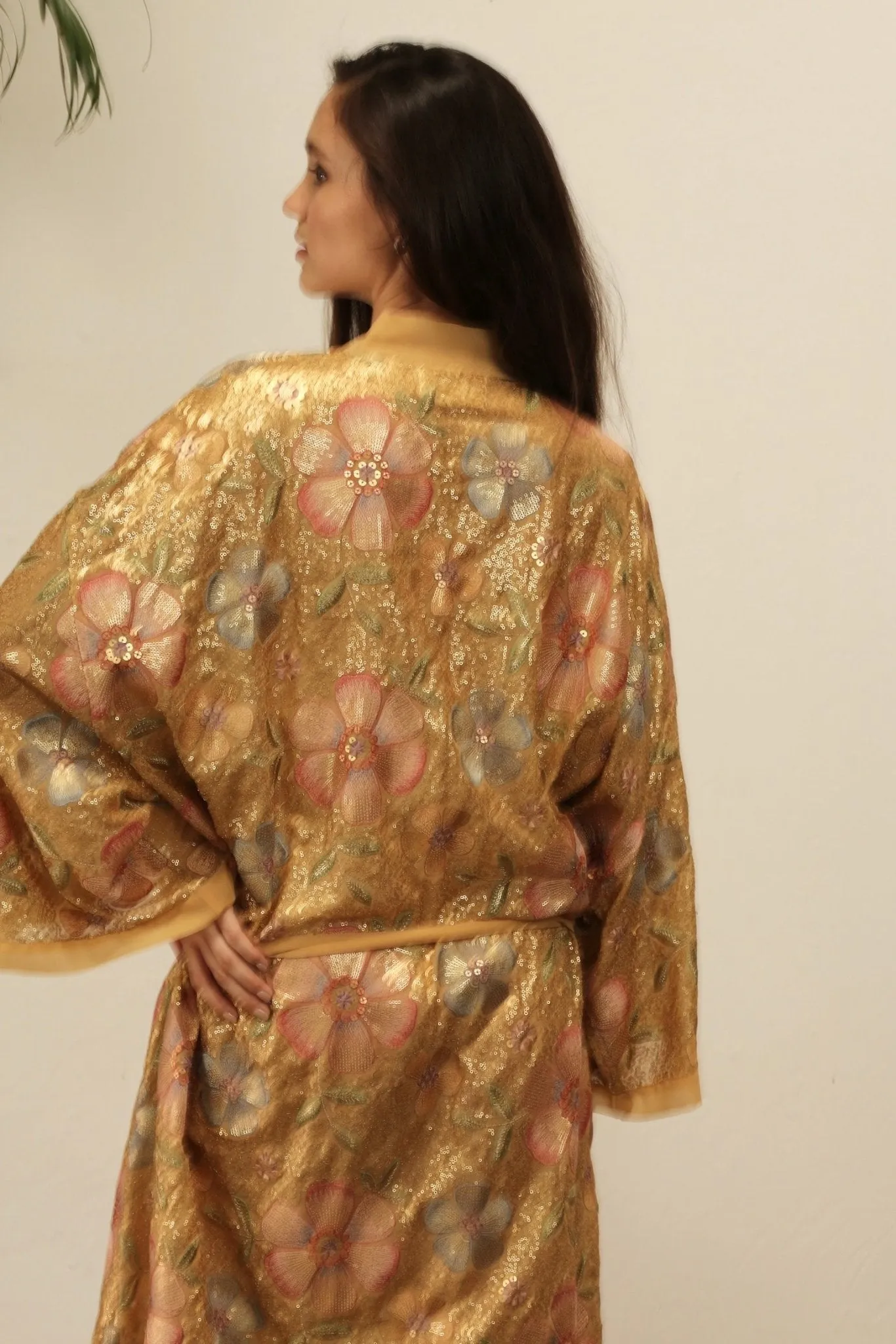 GOLDEN FLOWER CHIFFON SILK KIMONO