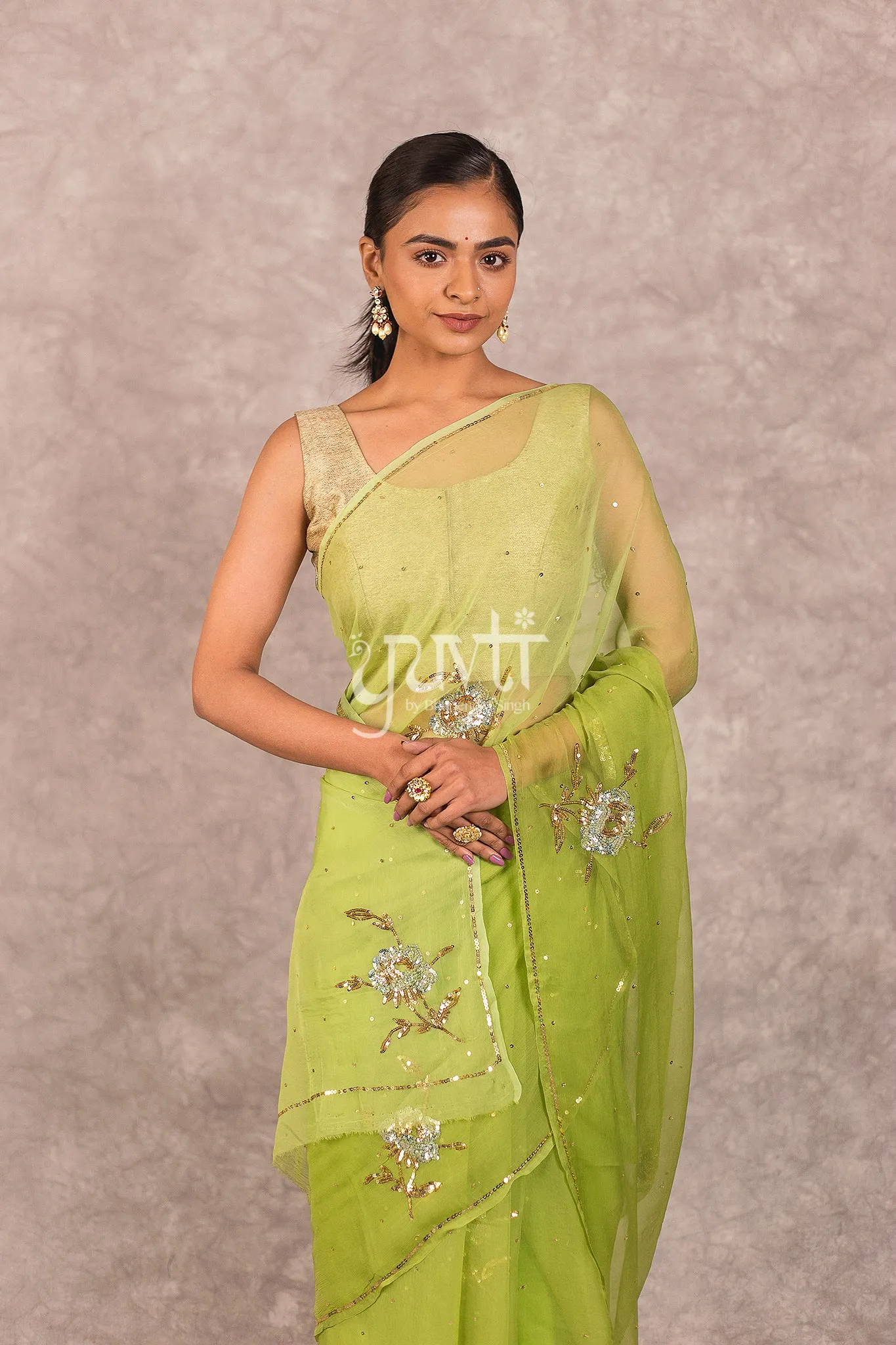 Green viscose Chiffon Aari sequins work Saree