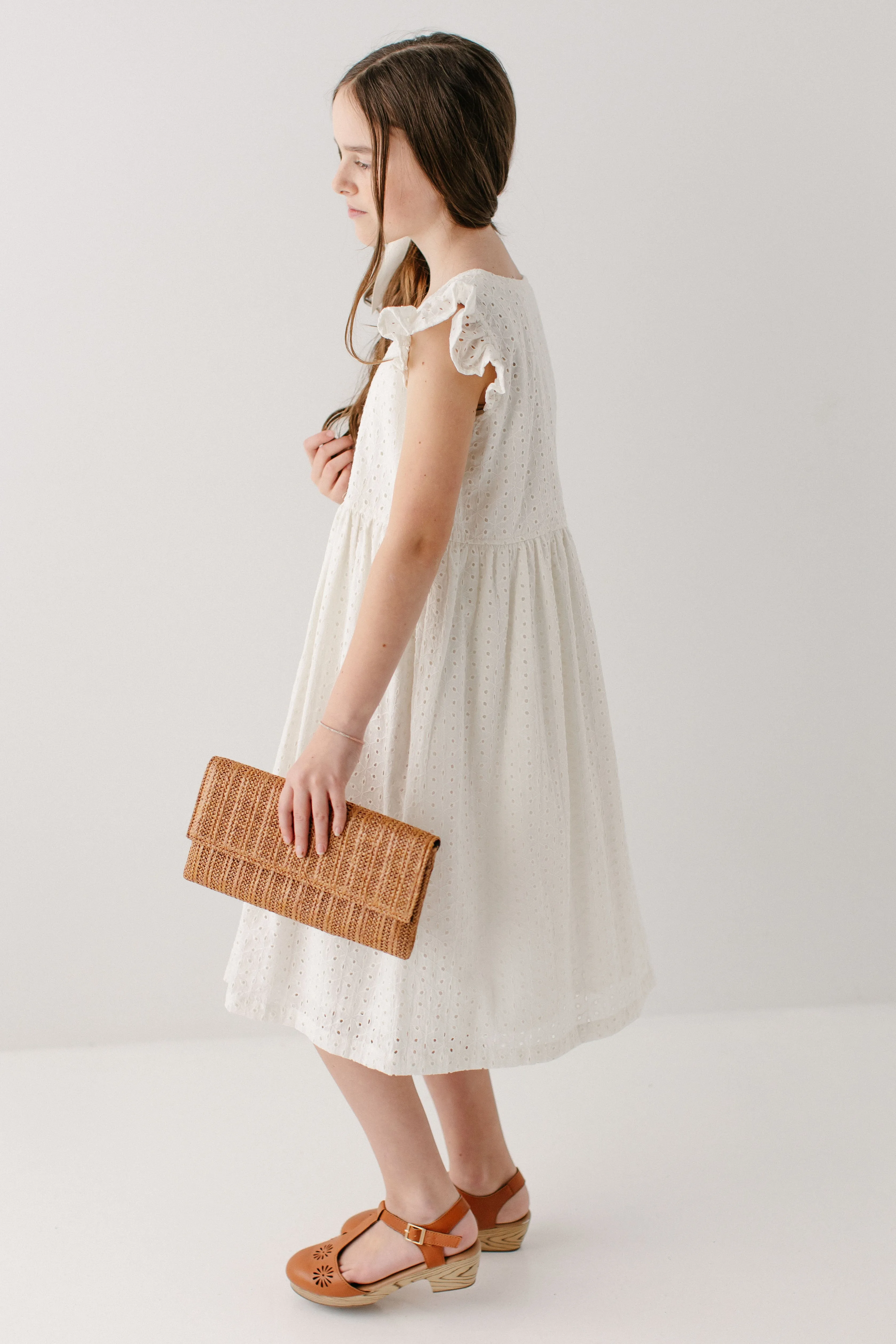 'Hadassah' Girl Embroidered Eyelet Flutter Sleeve Dress in White FINAL SALE