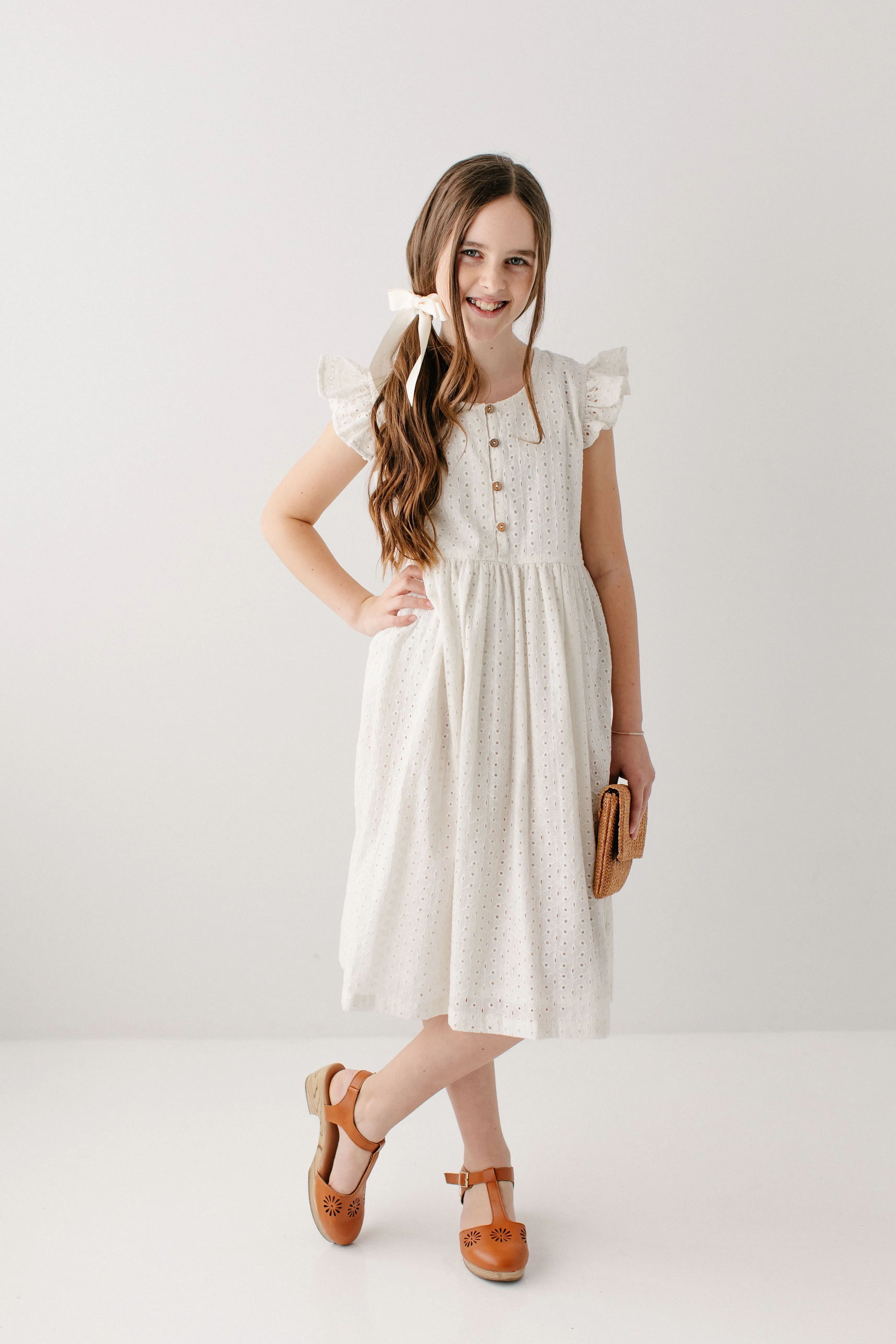 'Hadassah' Girl Embroidered Eyelet Flutter Sleeve Dress in White FINAL SALE