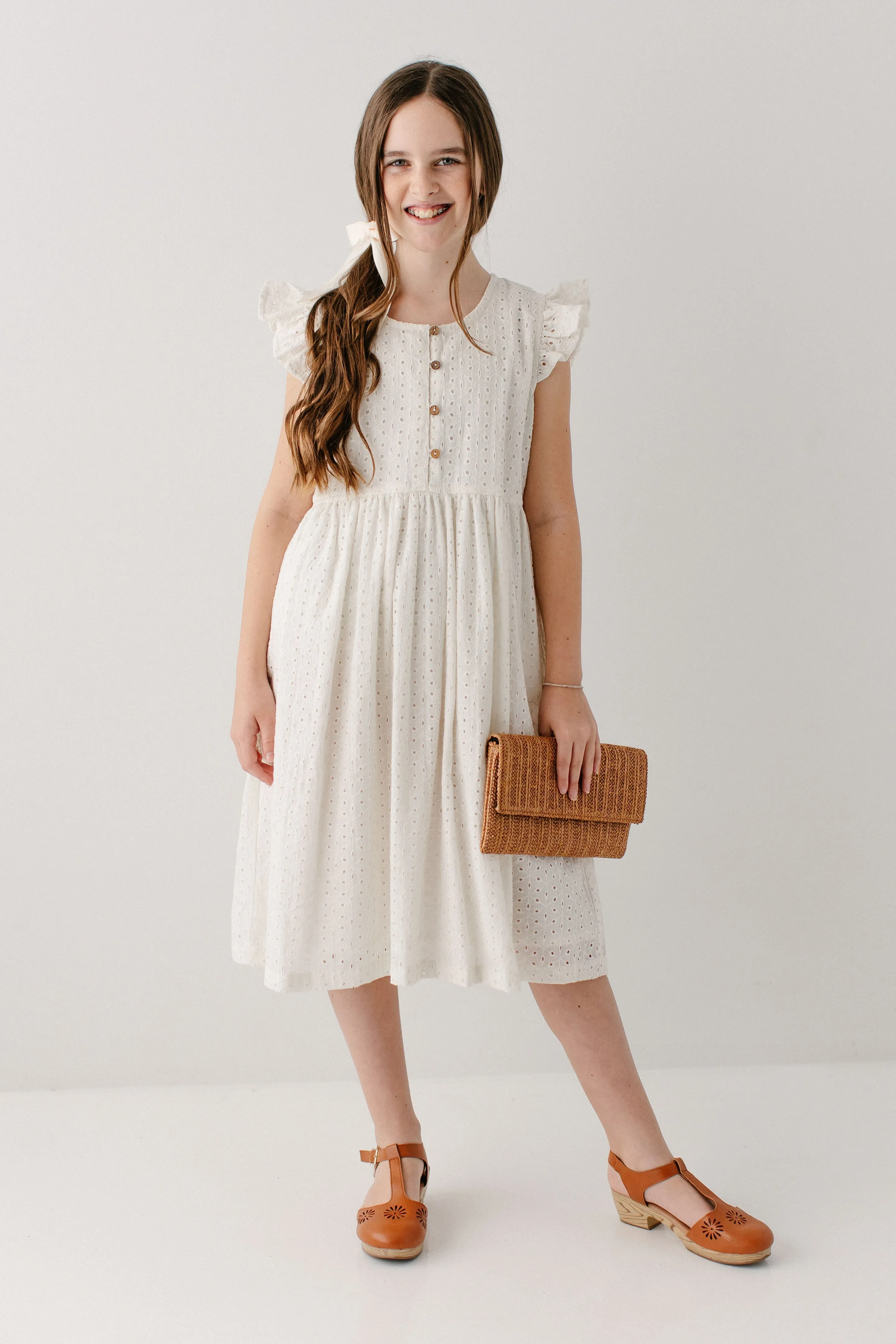 'Hadassah' Girl Embroidered Eyelet Flutter Sleeve Dress in White FINAL SALE