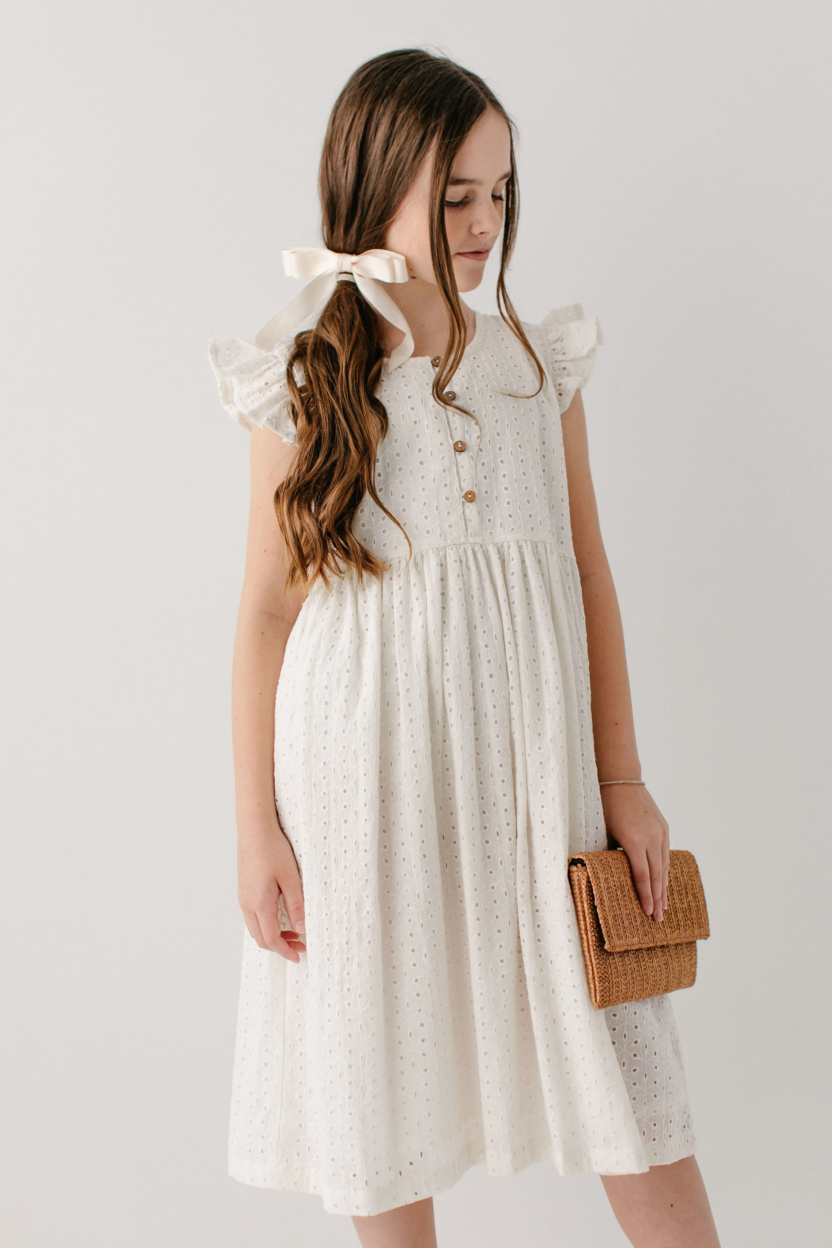 'Hadassah' Girl Embroidered Eyelet Flutter Sleeve Dress in White FINAL SALE