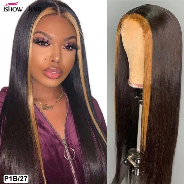 Ishow Highlight Wig Brown Colored Human Hair Wigs 13X4 13X6x1 Ombre Straight Lace Front Wig Highlight Lace Front Human Hair Wigs