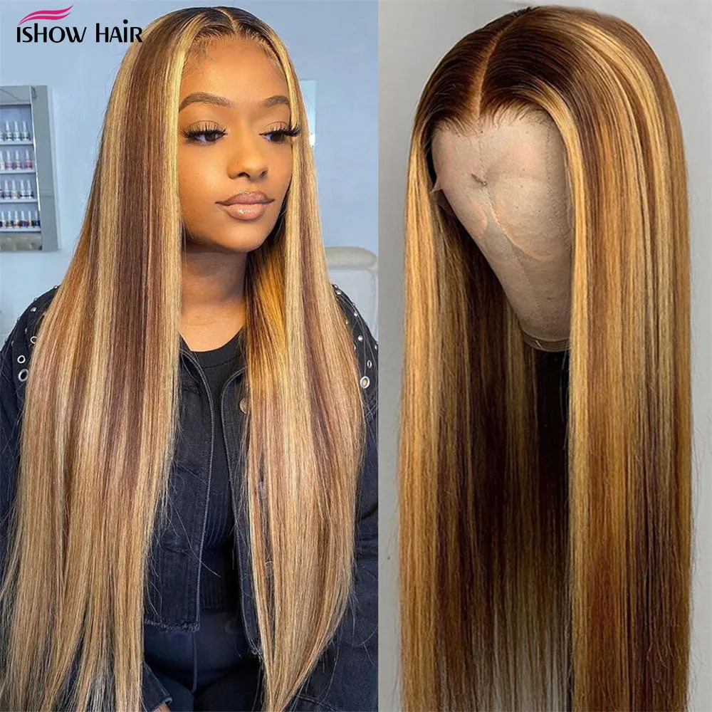 Ishow Highlight Wig Brown Colored Human Hair Wigs 13X4 13X6x1 Ombre Straight Lace Front Wig Highlight Lace Front Human Hair Wigs