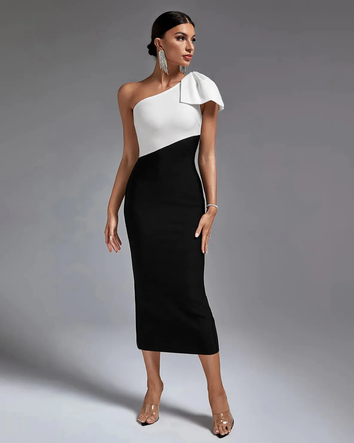 ISIS Black-White One Shoulder Bandage Dress