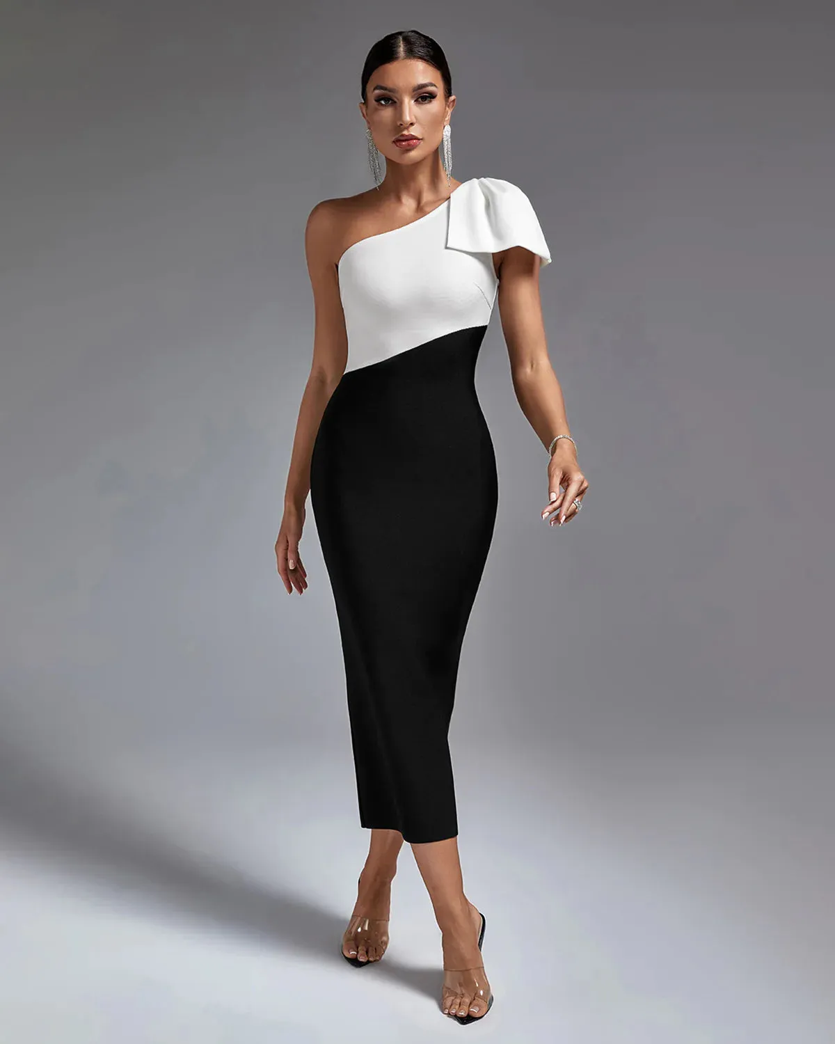 ISIS Black-White One Shoulder Bandage Dress