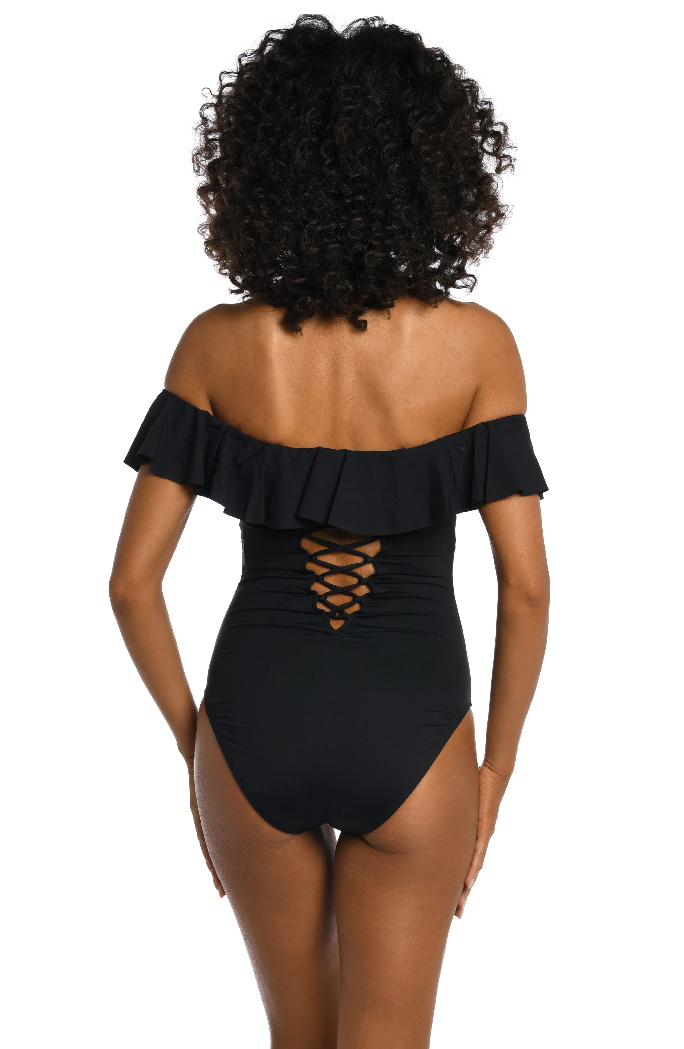 Island Goddess Off Shoulder Ruffle One Piece - Black