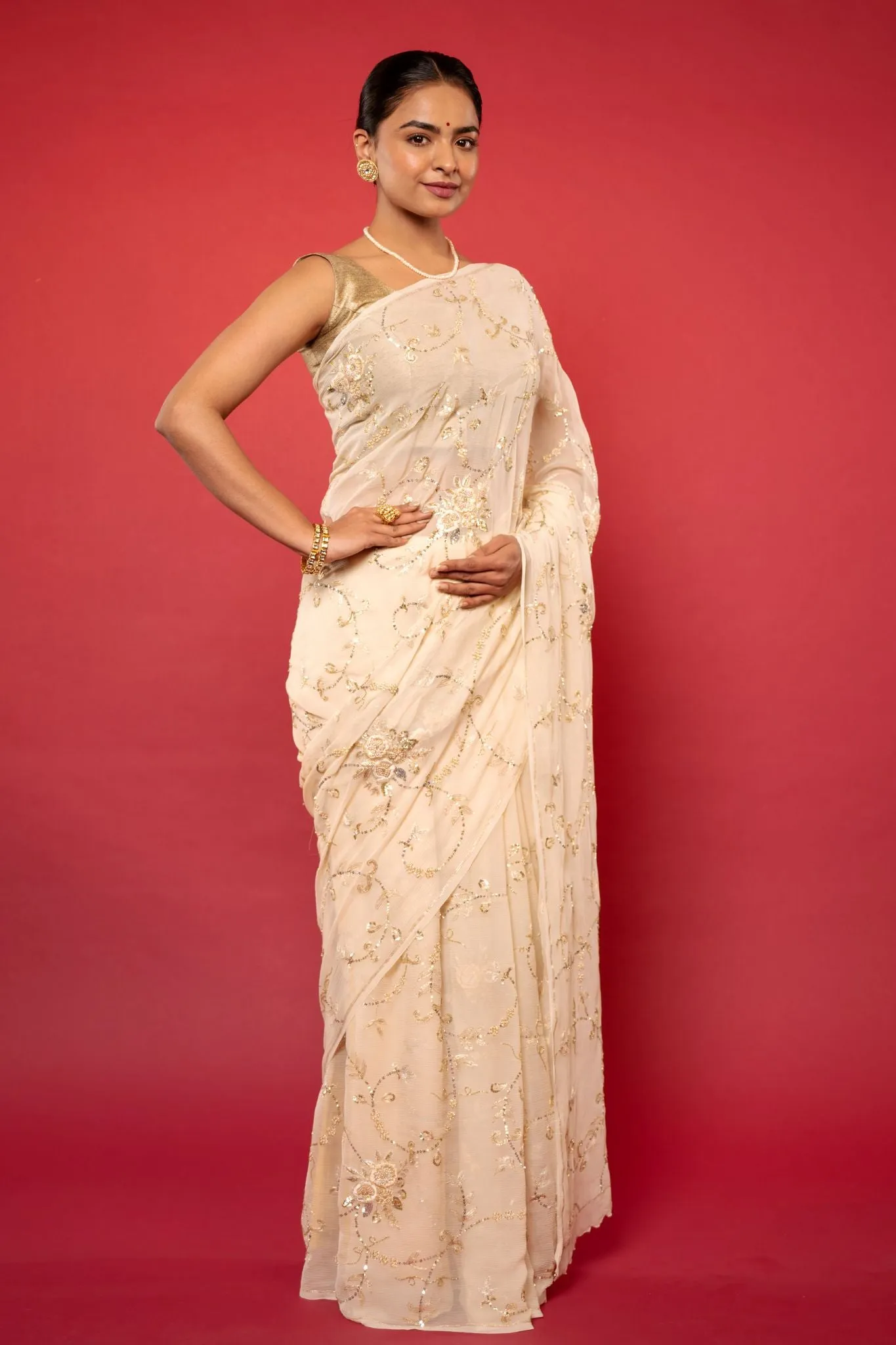 Ivory Pure Chiffon Saree