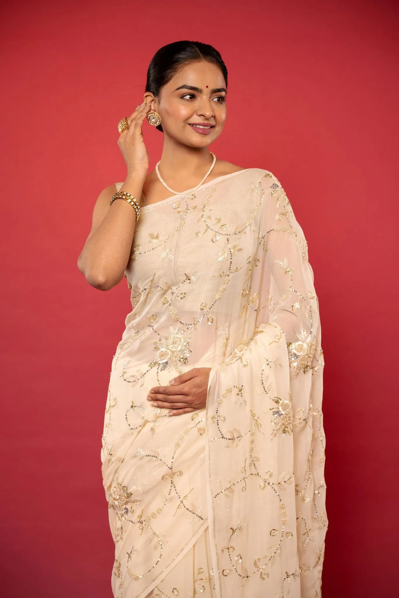 Ivory Pure Chiffon Saree