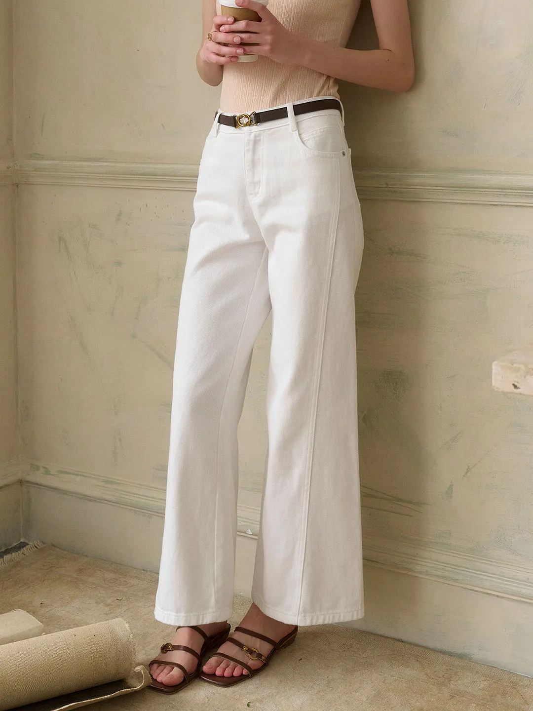 Katalina Vintage Low Rise Straight Leg Wide Leg Cotton Jeans-White