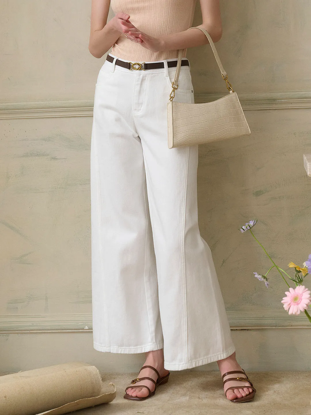 Katalina Vintage Low Rise Straight Leg Wide Leg Cotton Jeans-White